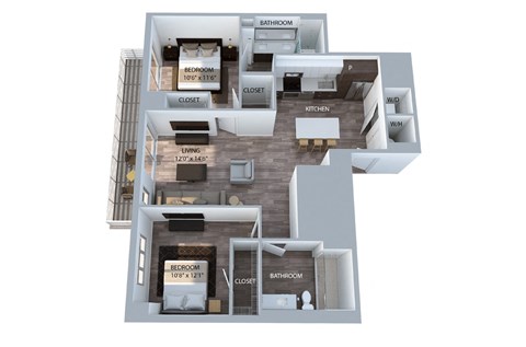 Floor plan for 2 beds, 2 baths, 1076 sqft